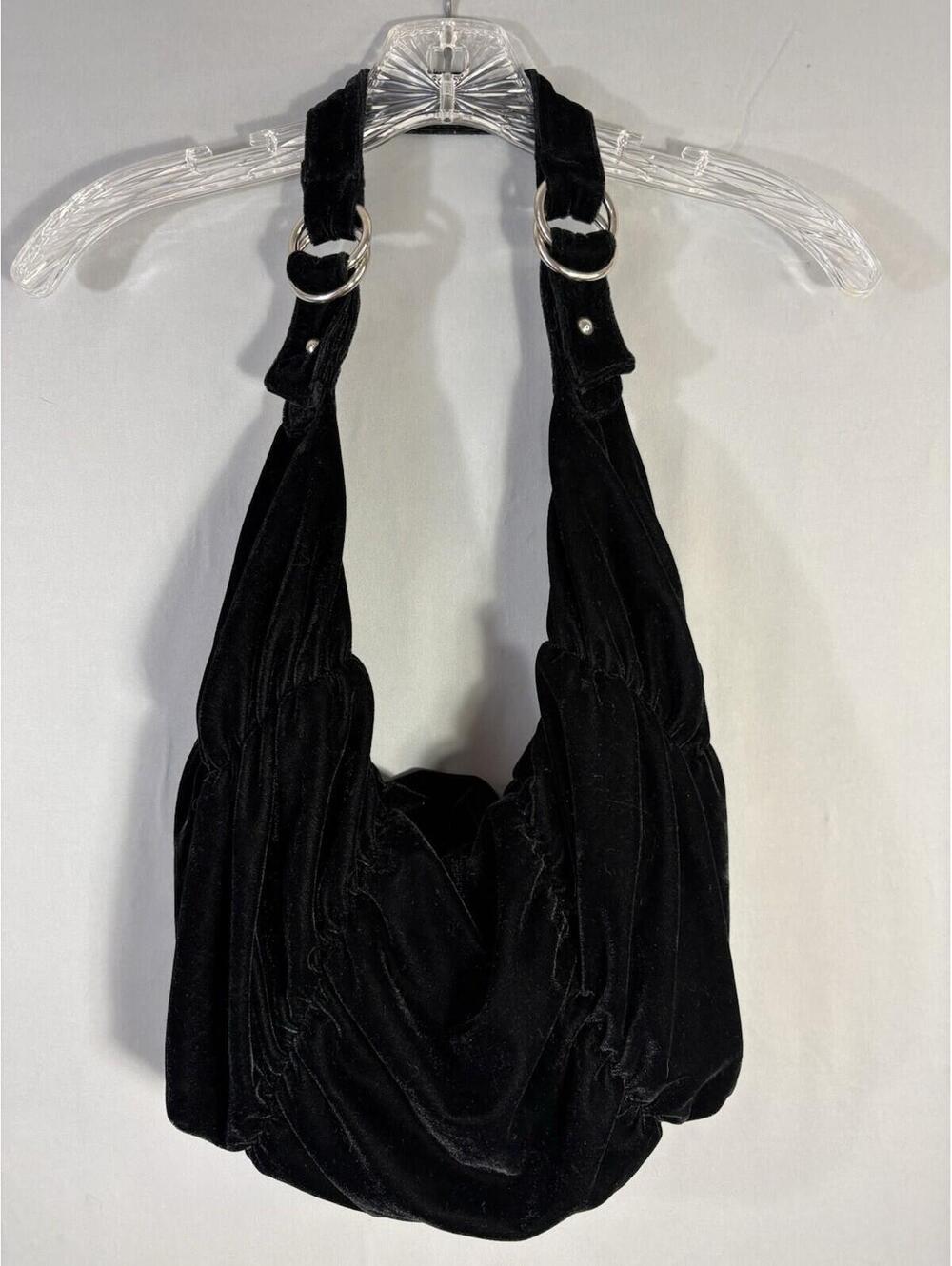 Bisou Bisou Black Velvet Hobo Shoulder Bag Y2K Slouch Purse Silver Rings Vtg
